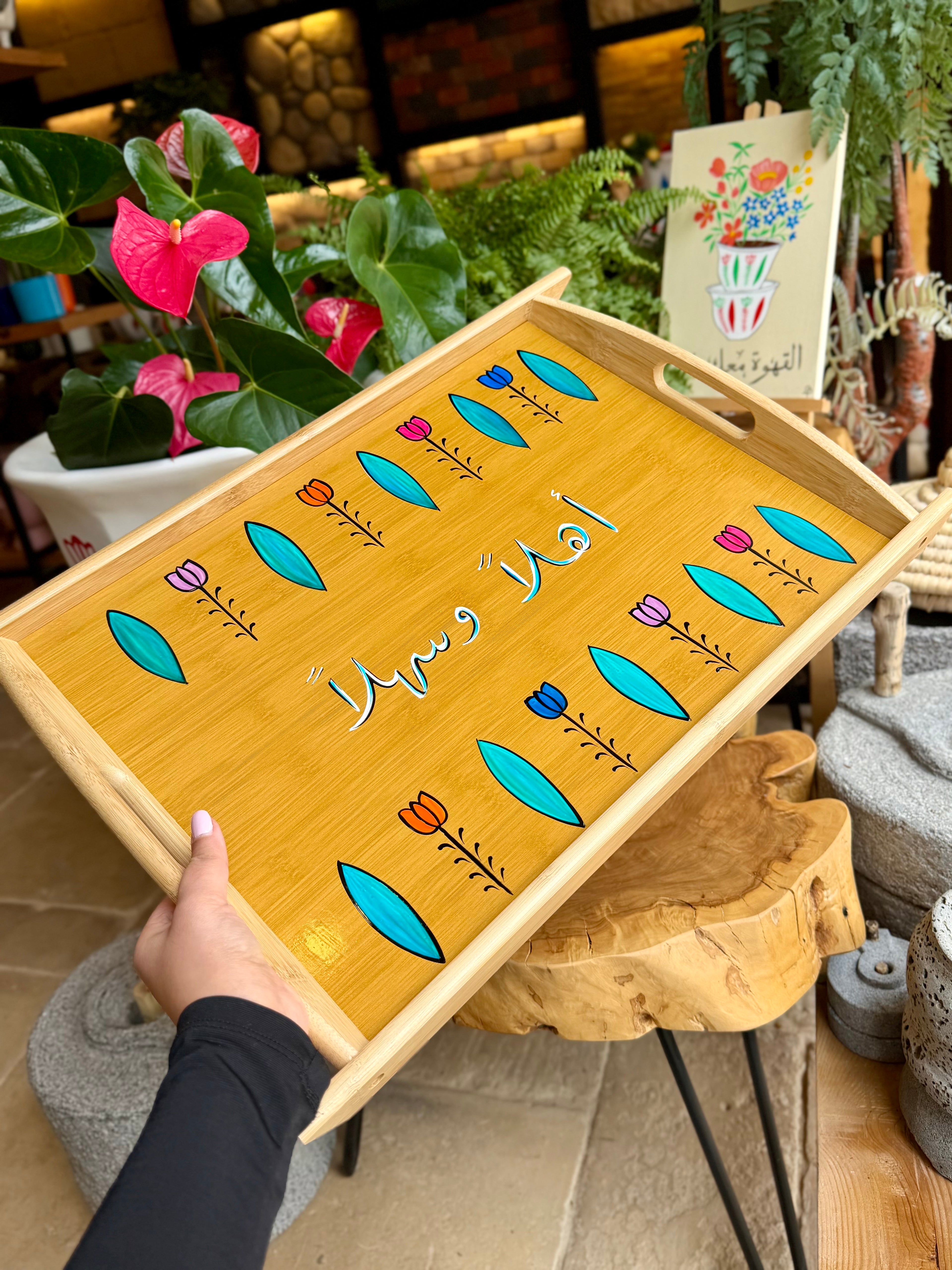 wood tray tulip blue