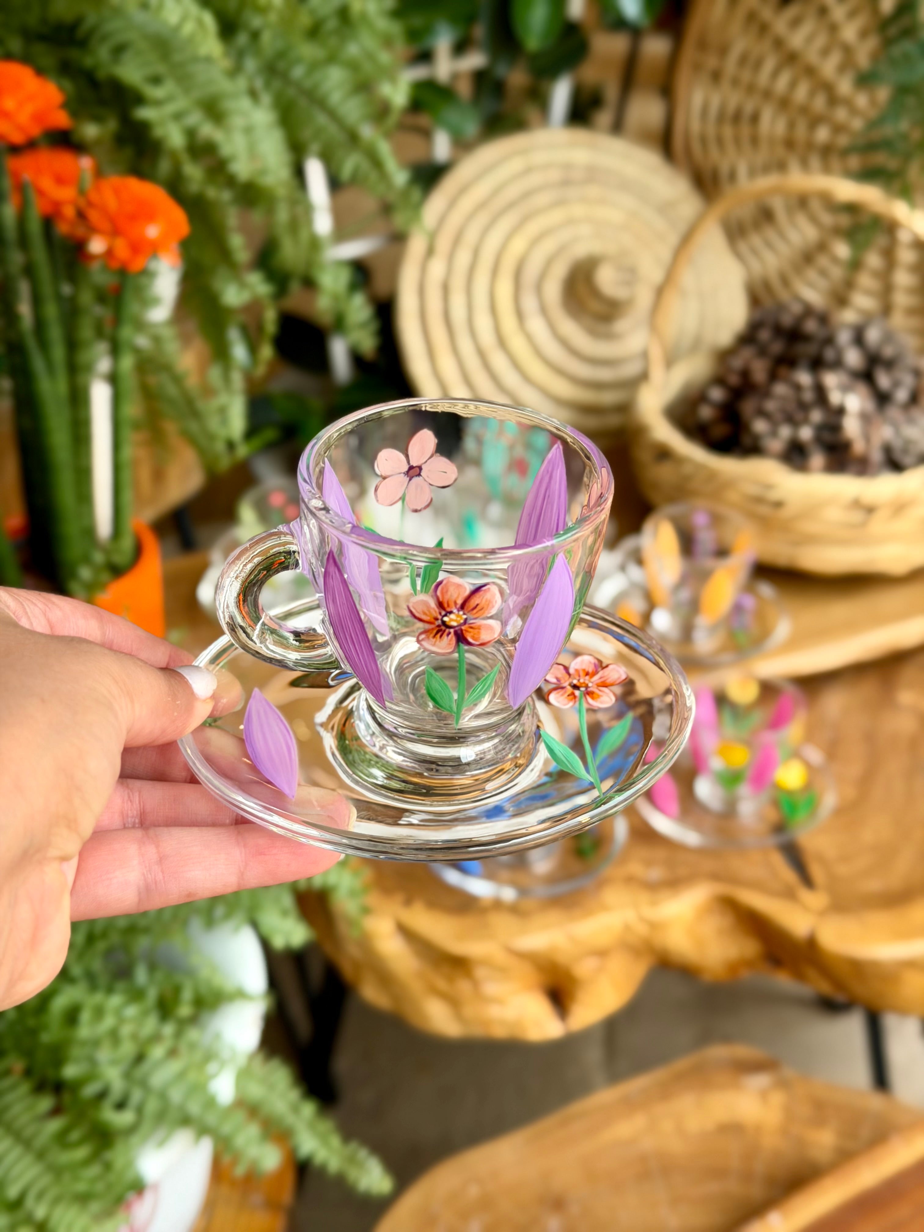 Floral glass coffee cups & saucers