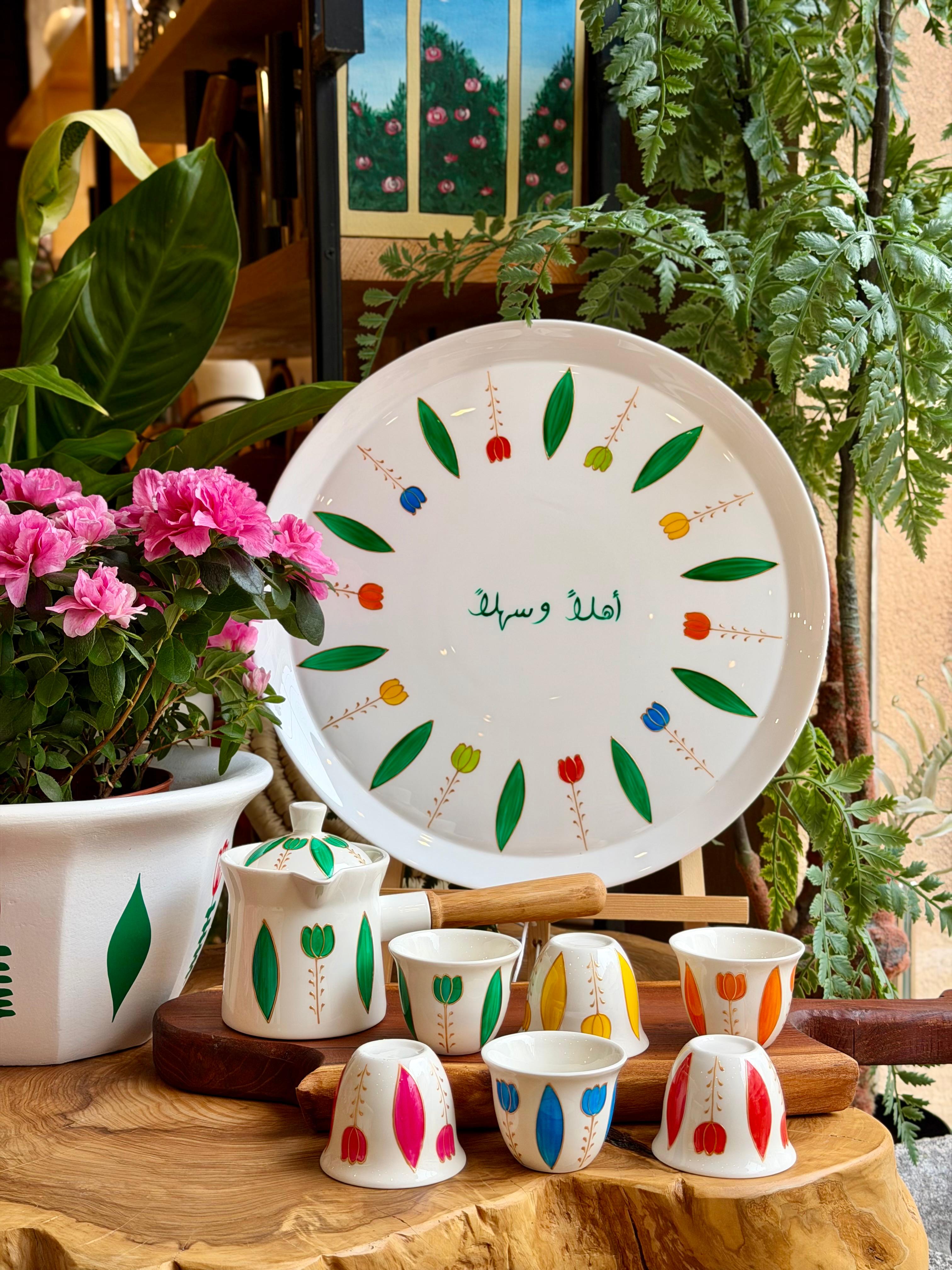 Green tulips ceramic coffee set